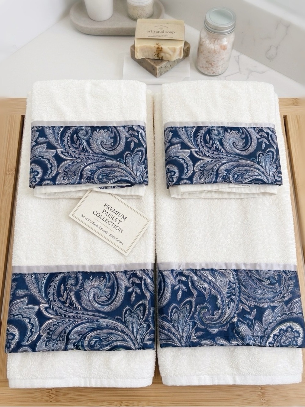 Madison Park 100% Cotton 4 Pc Towel Set | 2 Bath 2 Hand Towels Blue Paisley